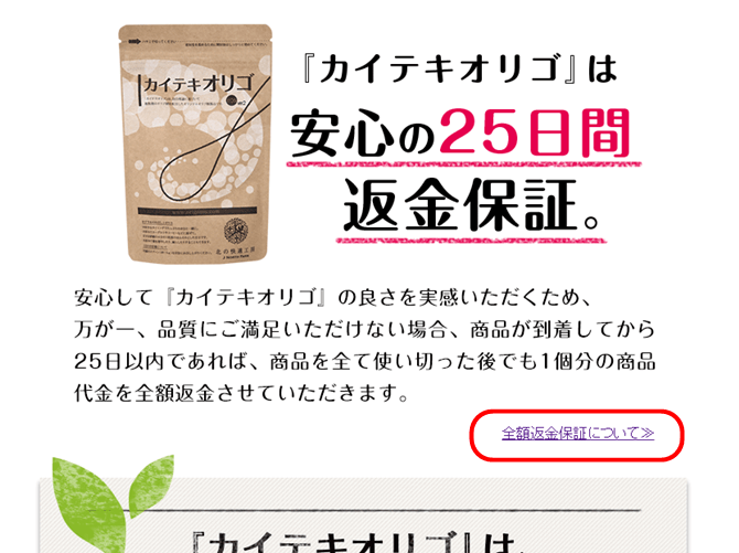 公式サイト中頃の「全額返金保証について」をクリック